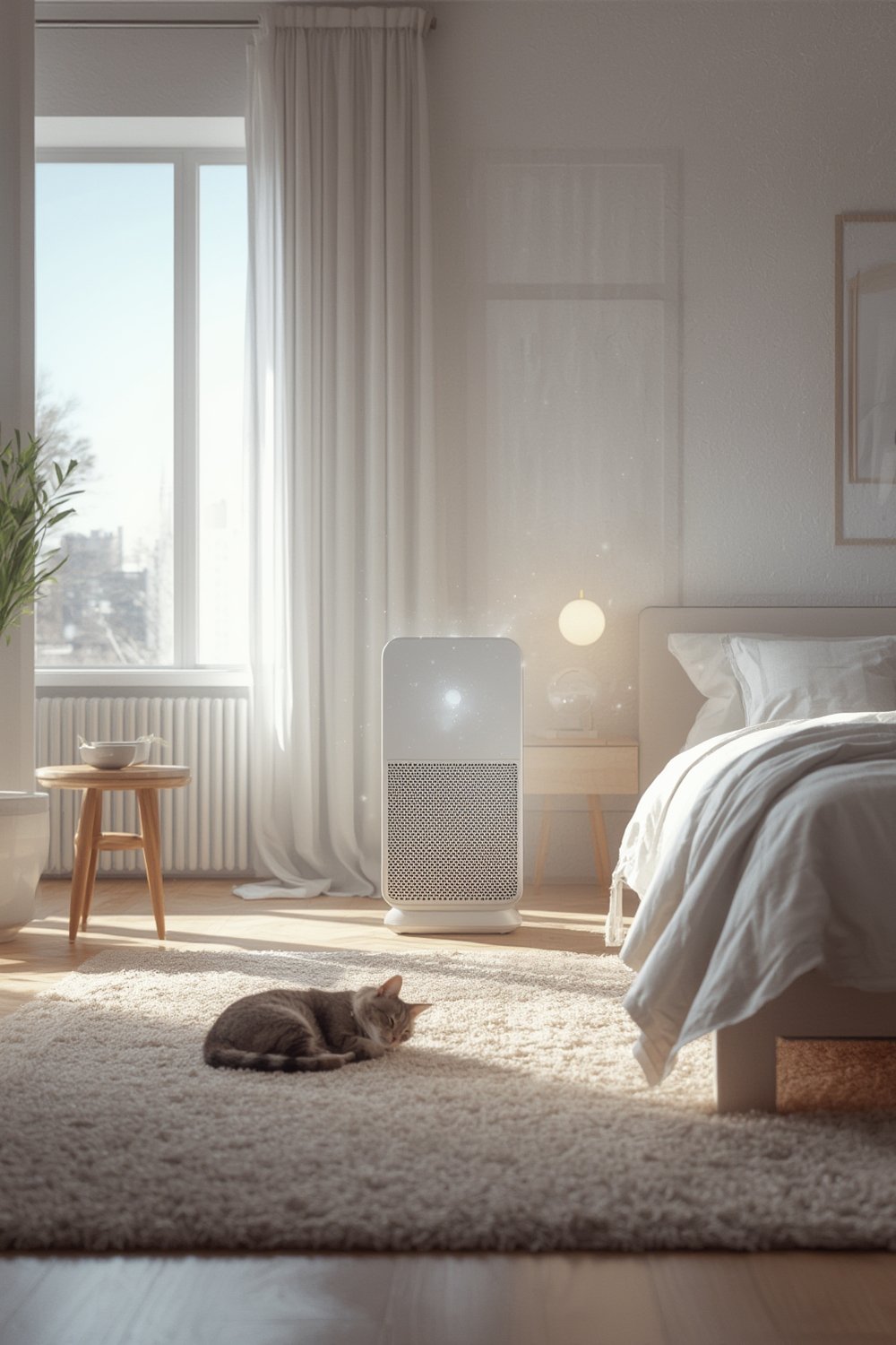 air purifier in bedroom with soft lighting