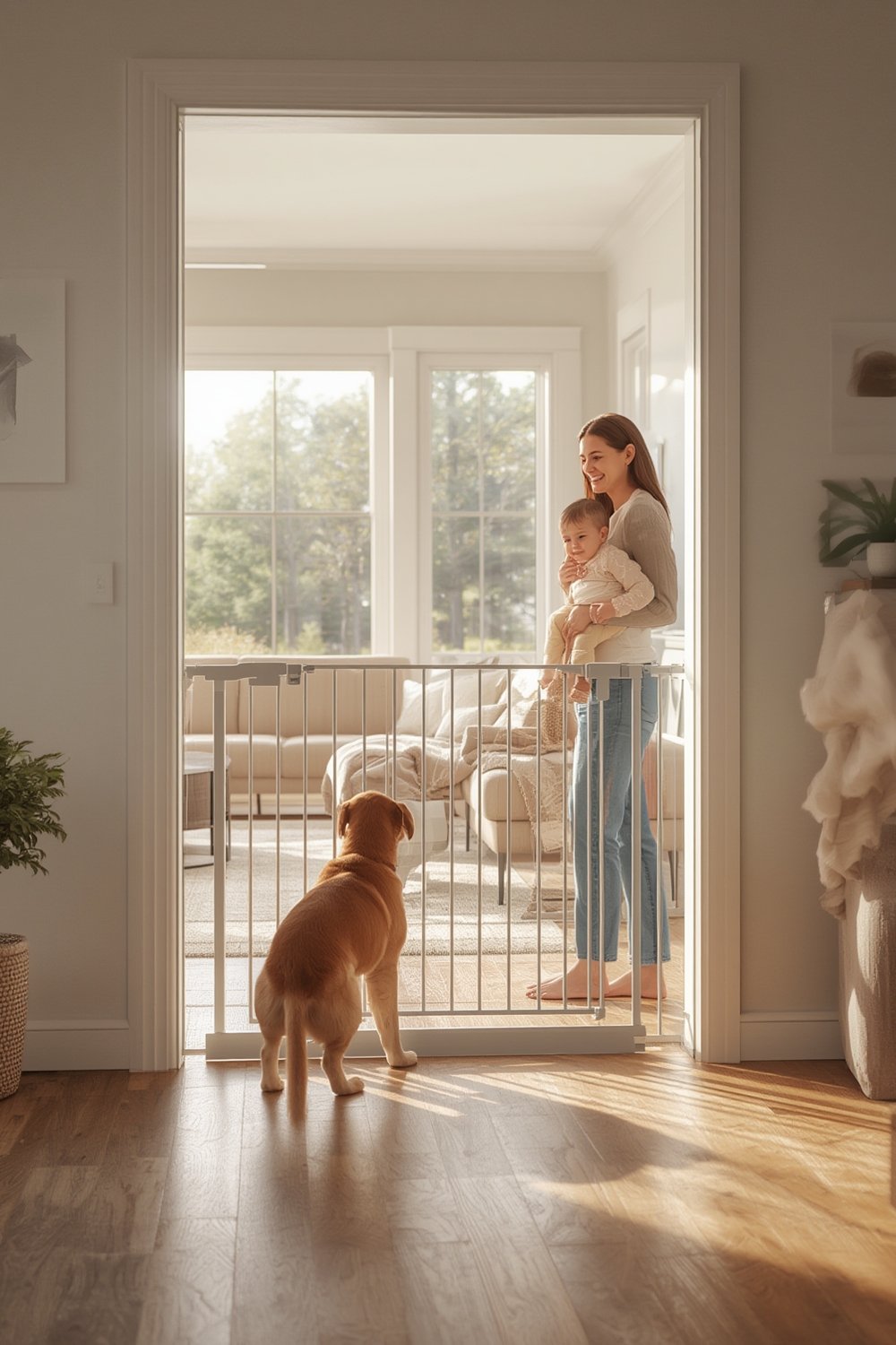 baby gate extra wide pet barrier installed in bright living room