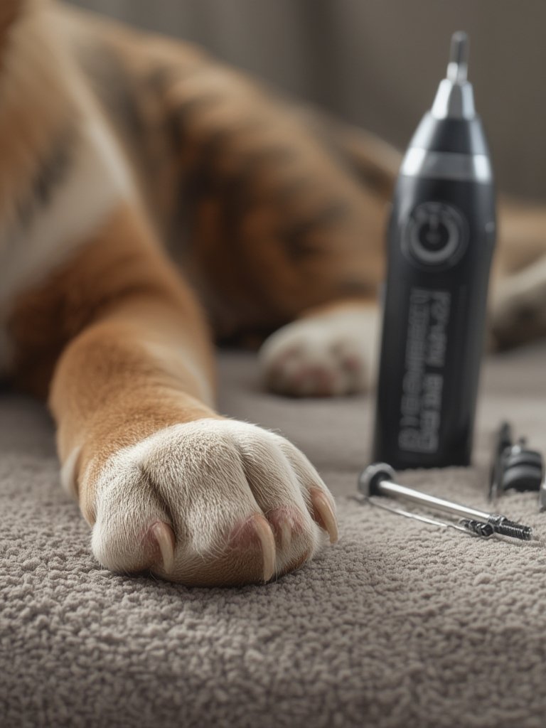 dog nail getting trimmed with a nail grinder for cat claws and pet grooming
