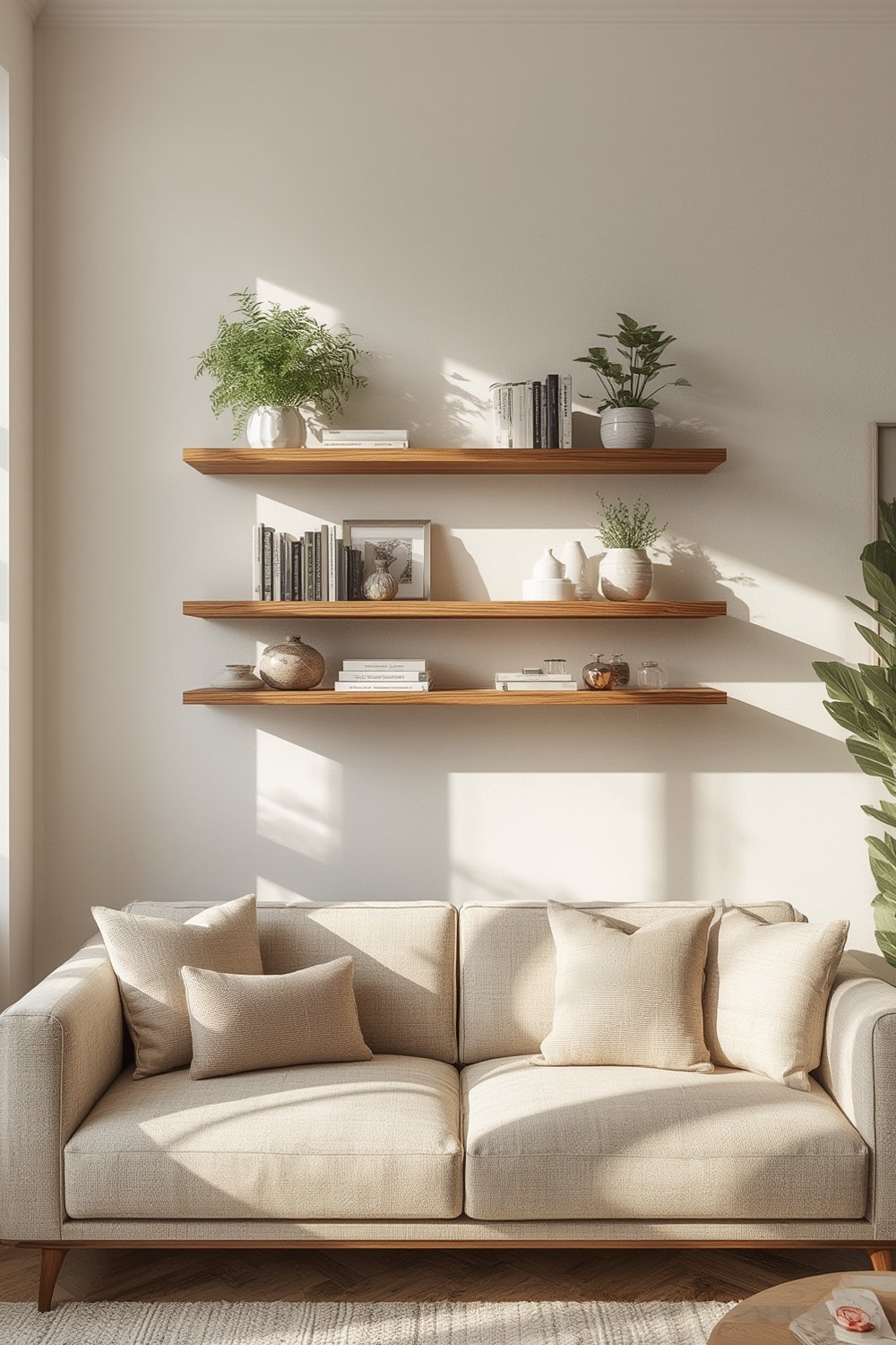 floating shelves mounted in stylish bathroom with storage and decor