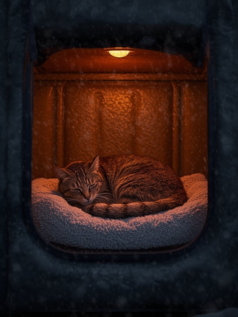 outdoor cat house with removable heated bed in yard