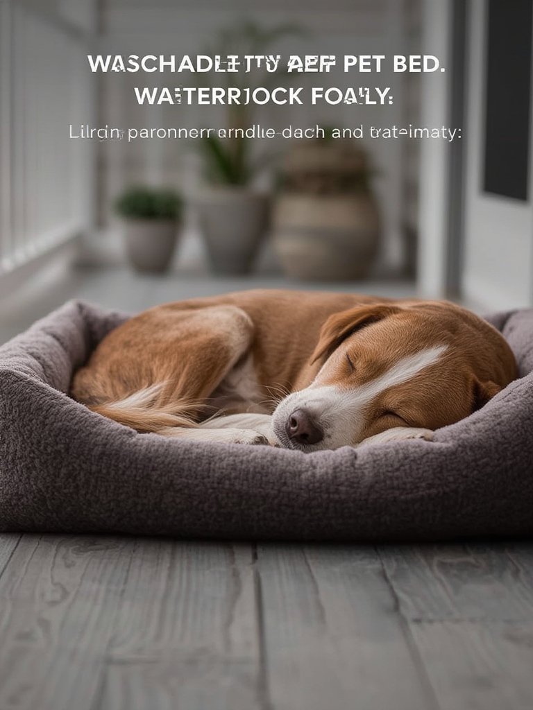 outdoor dog relaxing on heated bed in garage or barn, waterproof fleece cover